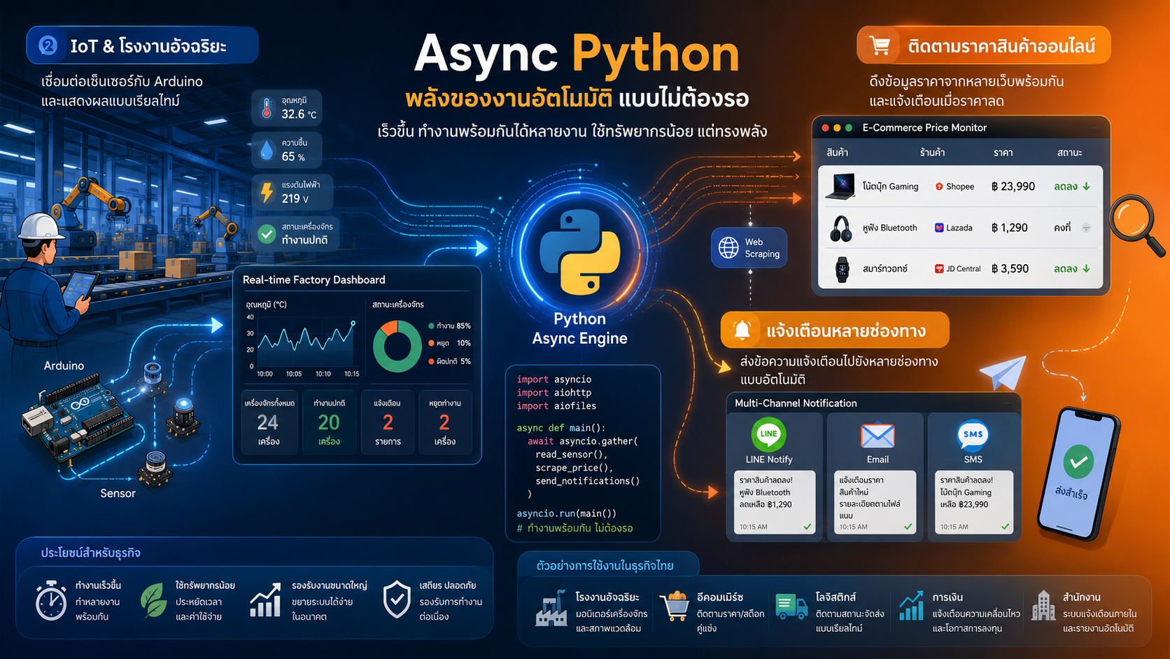 3 โปรเจกต์จริงกับ Async Python: จาก Arduino โรงงานถึงดักราคาคู่แข่ง